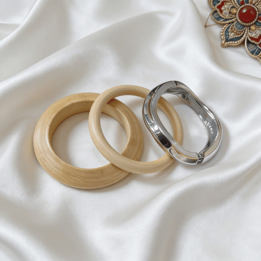 Boho Silver Wooden Bangle Set