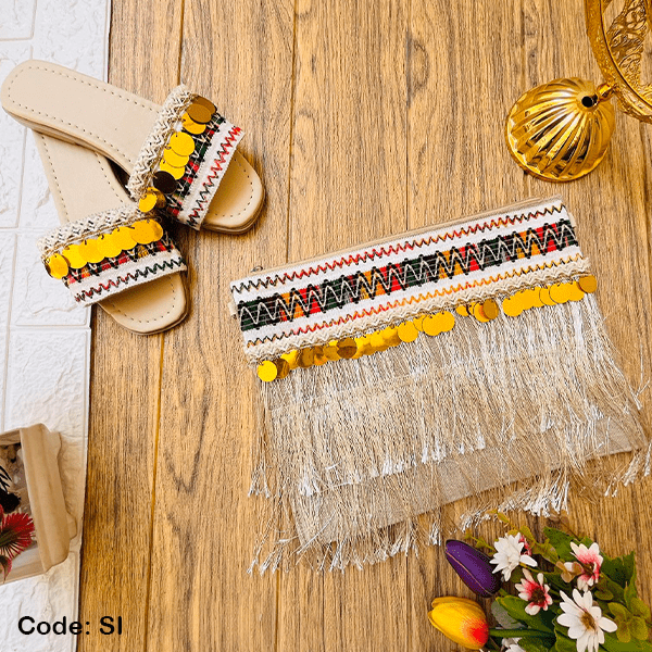 Zhraa Handmade Clutch And Slippers - Leather And Linen