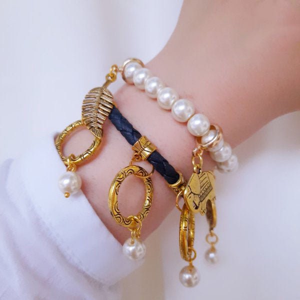Golden Leaf Bracelets Set - Navy Blue Leather