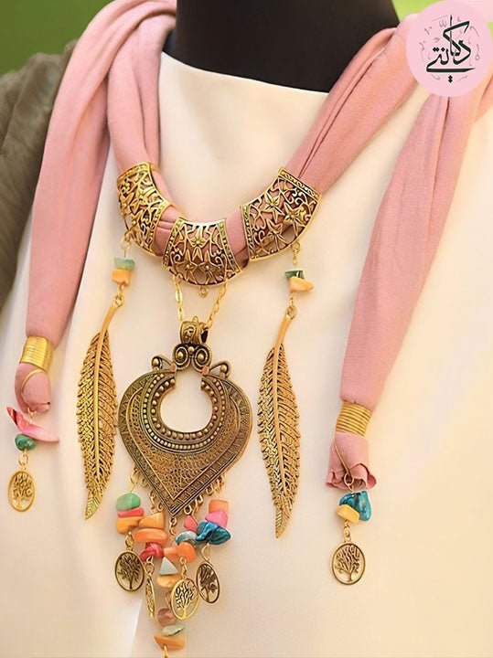 Feather Seashell Necklace Scarf - Pink Chiffon
