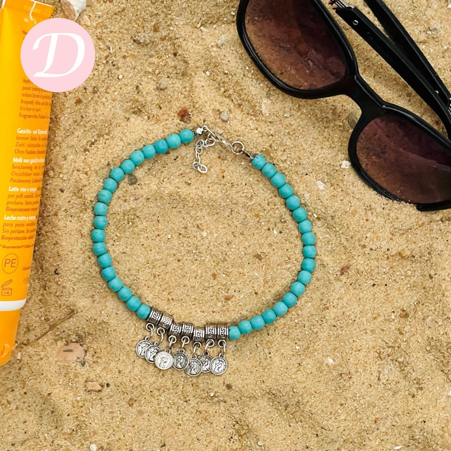Pearl with Turquoise Anklet - Silver Plated