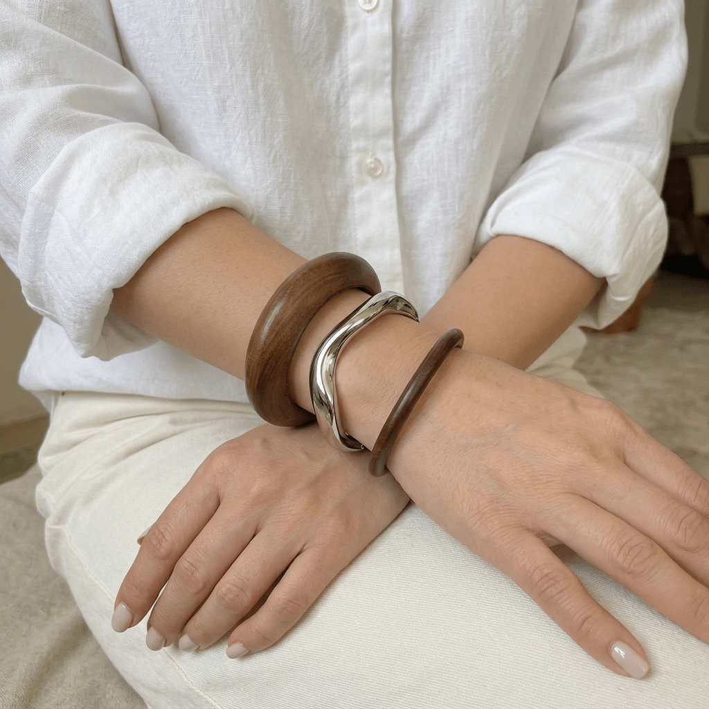 Boho Silver Wooden Bangle Set