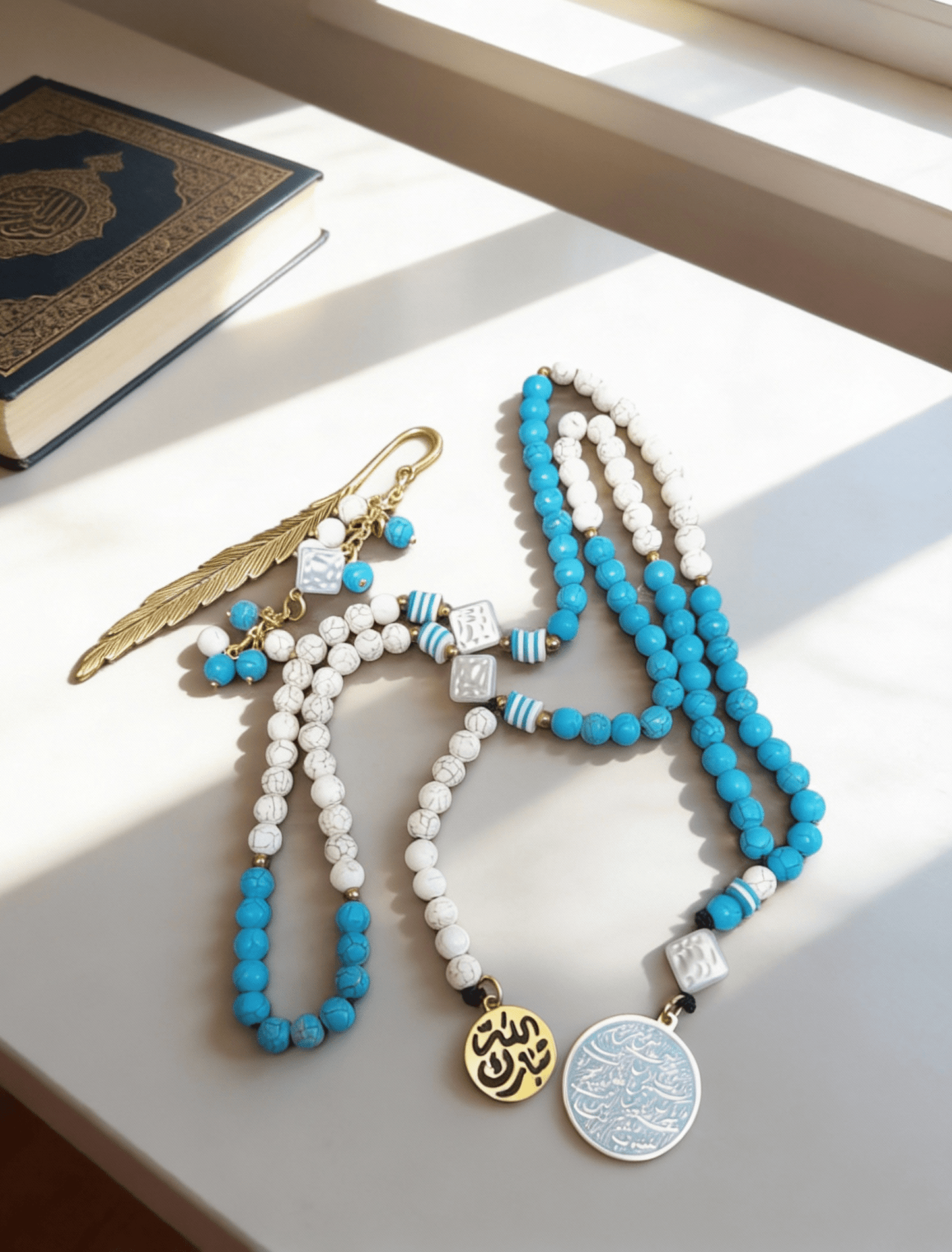 White & Blue Rosary with Book Separator - Fayrouz Stones