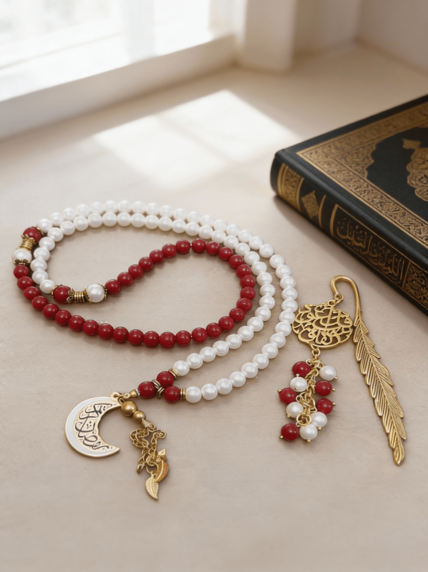 White & Berry Rosary with Book Separator - Coral & Pearls