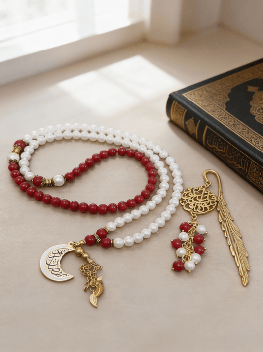 White & Berry Rosary with Book Separator - Coral & Pearls